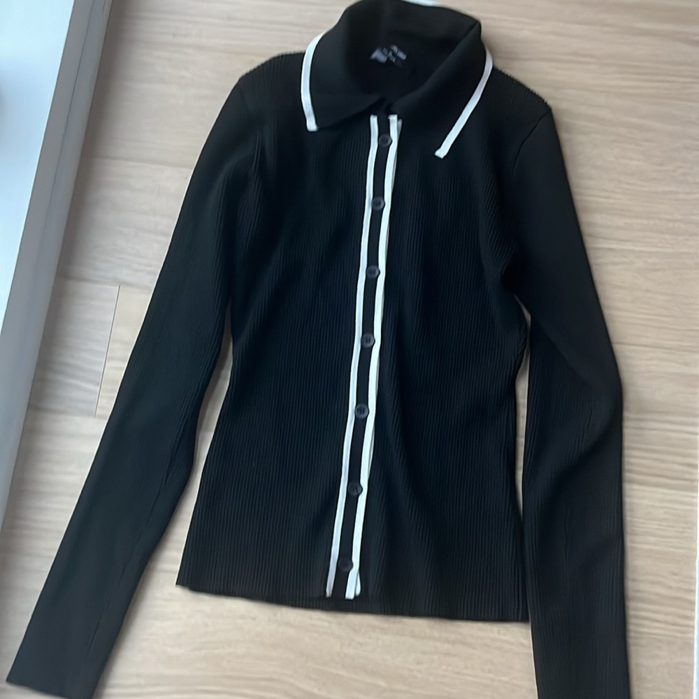 Workshop Ribbed Black White Collared Button Cardi… - image 4